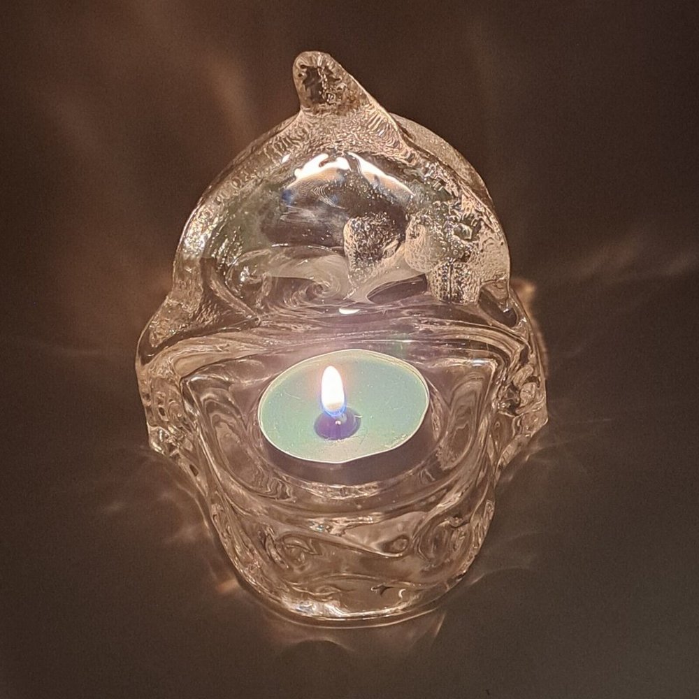 Glass Dolphin On Waves Candle Holder Tealight Tea Light Very Good Condition 4" H